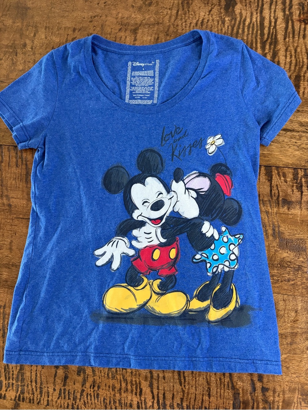 Retired Disney Store Love and Kisses Minnie & Mickey T-shirt Blue Shirt Size L